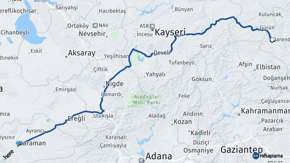 Karaman Darende Malatya Arası Kaç Km - Yol Haritası