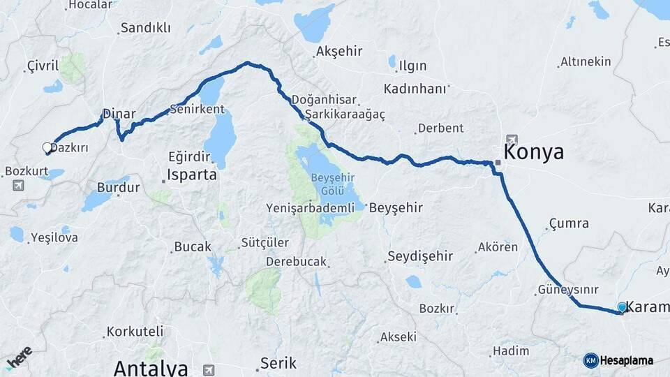 Karaman Dazkırı Afyonkarahisar Arası Kaç Km - Yol Haritası