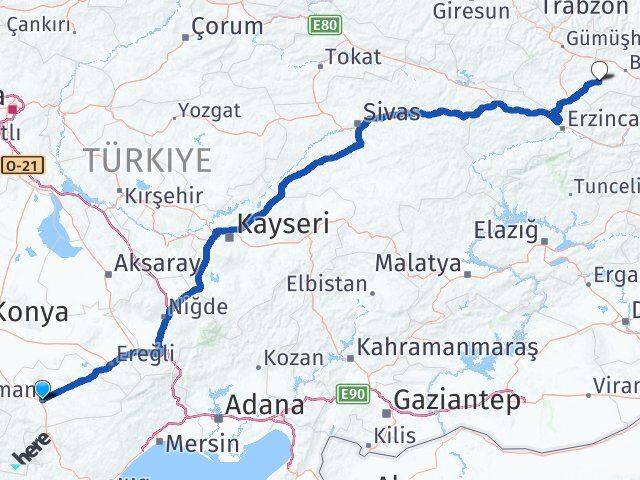 Karaman Demirözü Bayburt Arası Kaç Km - Yol Haritası