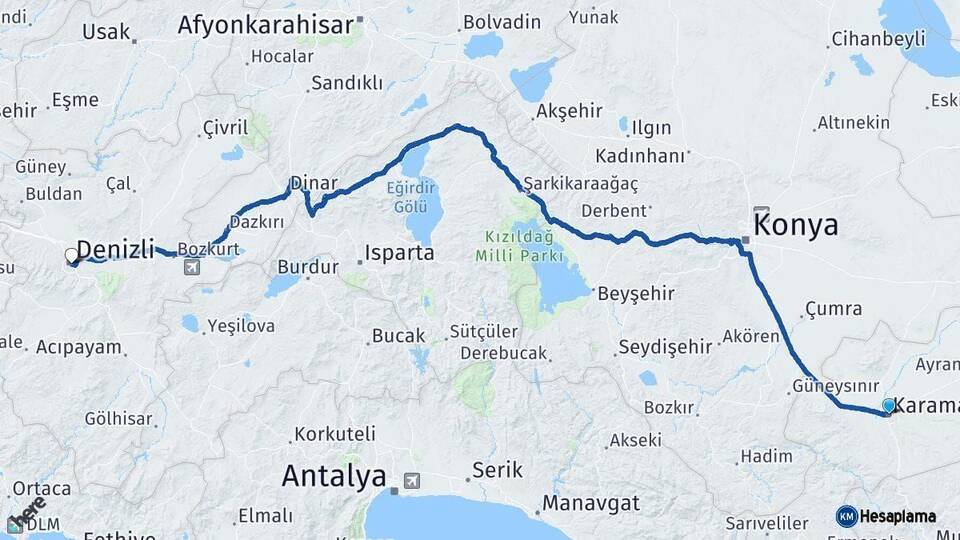 Karaman Denizli Arası Kaç Km - Yol Haritası