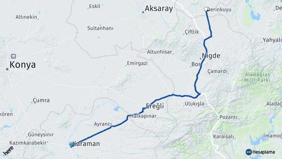Karaman Derinkuyu Nevşehir Arası Kaç Km - Yol Haritası