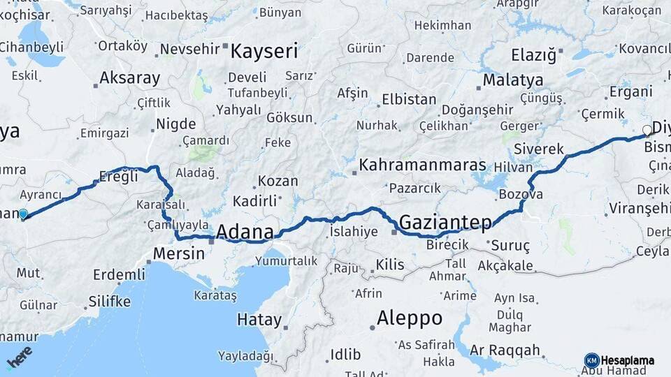 Karaman Diyarbakır Arası Kaç Km - Yol Haritası