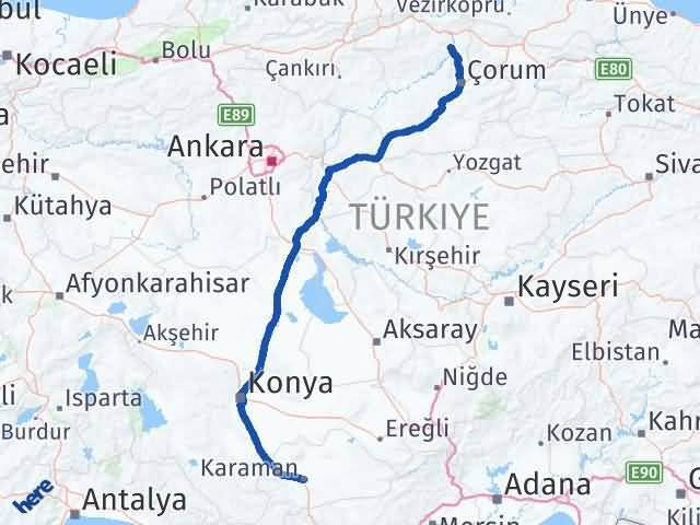 Karaman Dodurga Çorum Arası Kaç Km - Yol Haritası