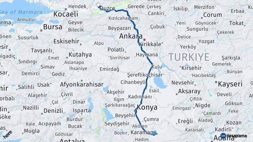 Karaman Düzce Arası Kaç Km - Yol Haritası