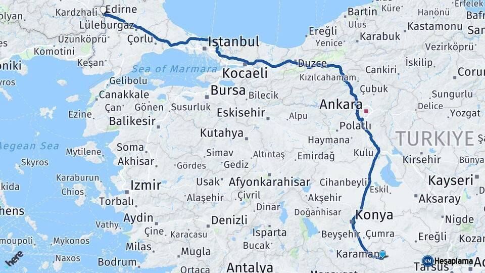 Karaman Edirne Arası Kaç Km - Yol Haritası