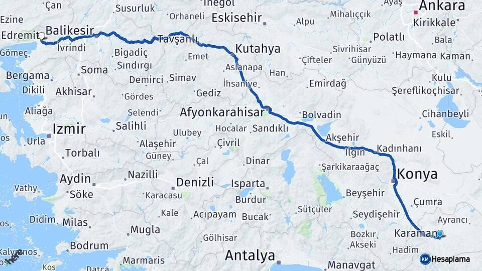 Karaman Edremit Balıkesir Arası Kaç Km - Yol Haritası