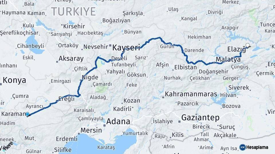 Karaman Elazığ Arası Kaç Km - Yol Haritası