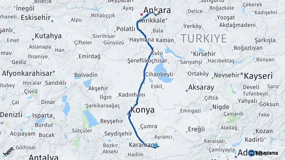Karaman Elmadağ Ankara Arası Kaç Km - Yol Haritası