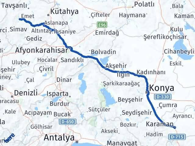 Karaman Emet Kütahya Arası Kaç Km - Yol Haritası