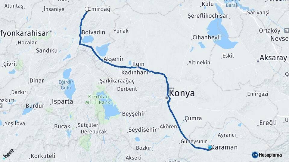 Karaman Emirdağ Afyonkarahisar Arası Kaç Km - Yol Haritası