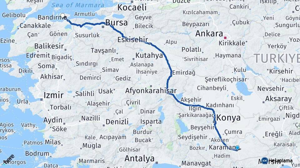 Karaman Erdek Balıkesir Arası Kaç Km - Yol Haritası