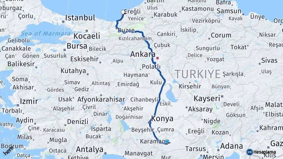 Karaman Ereğli Zonguldak Arası Kaç Km - Yol Haritası