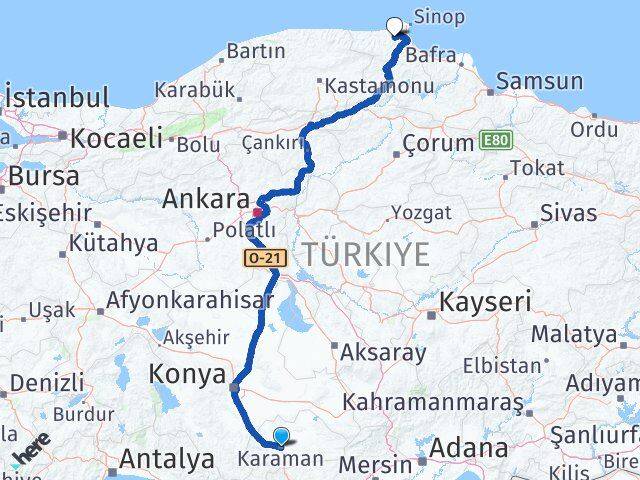 Karaman Erfelek Sinop Arası Kaç Km - Yol Haritası