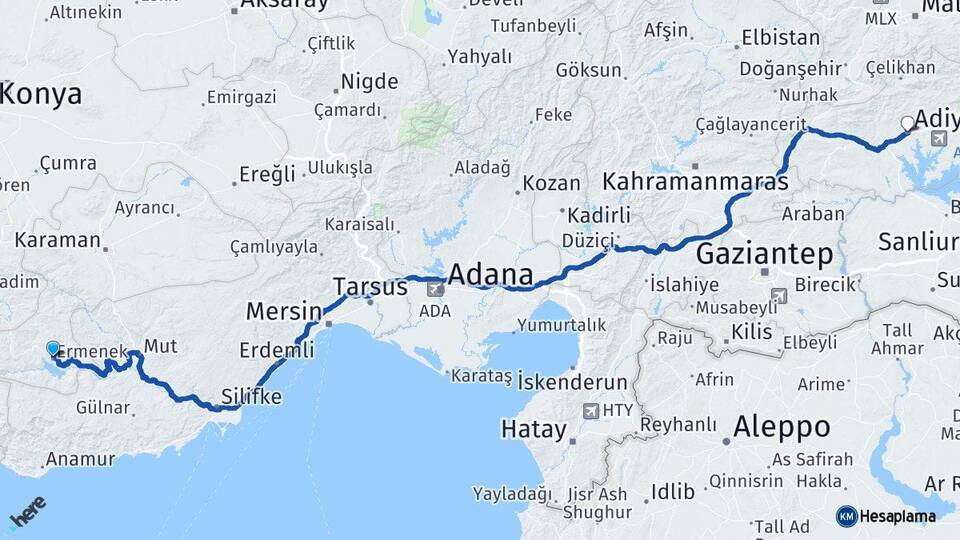 Karaman Ermenek Adıyaman Arası Kaç Km - Yol Haritası