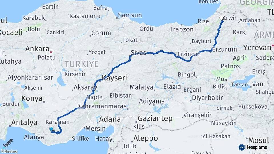Karaman Ermenek Artvin Arası Kaç Km - Yol Haritası