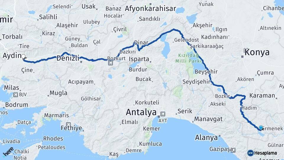 Karaman Ermenek Aydın Arası Kaç Km - Yol Haritası