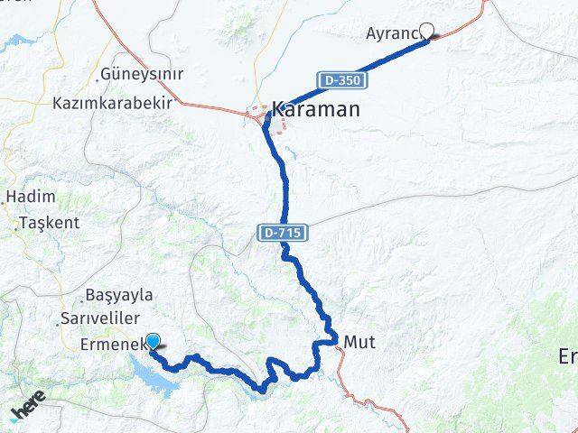 Karaman Ermenek Ayrancı Arası Kaç Km - Yol Haritası