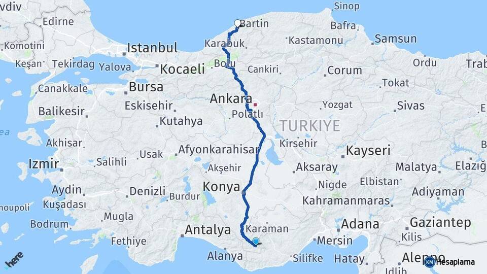 Karaman Ermenek Bartın Arası Kaç Km - Yol Haritası