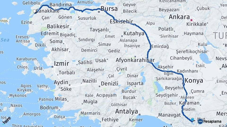 Karaman Ermenek Çanakkale Arası Kaç Km - Yol Haritası
