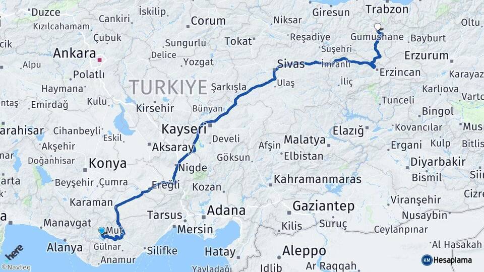 Karaman Ermenek Gümüşhane Arası Kaç Km - Yol Haritası