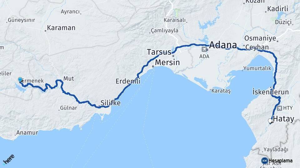 Karaman Ermenek Hatay Arası Kaç Km - Yol Haritası