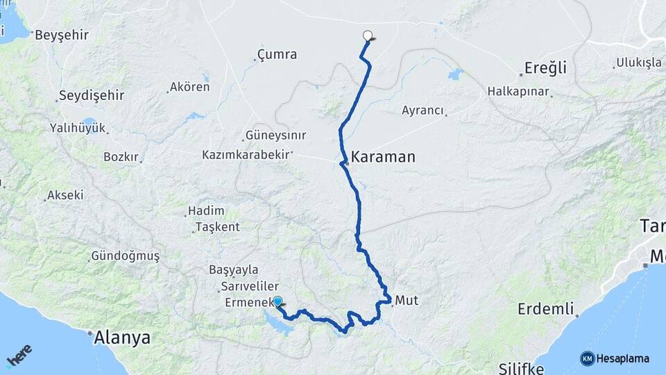 Karaman Ermenek Hotamış Karapınar Konya Arası Kaç Km - Yol Haritası