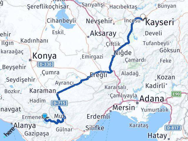 Karaman Ermenek Kayseri Arası Kaç Km - Yol Haritası