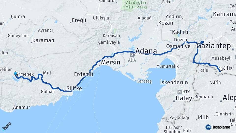 Karaman Ermenek Kilis Arası Kaç Km - Yol Haritası