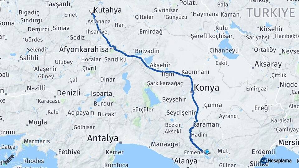 Karaman Ermenek Kütahya Arası Kaç Km - Yol Haritası