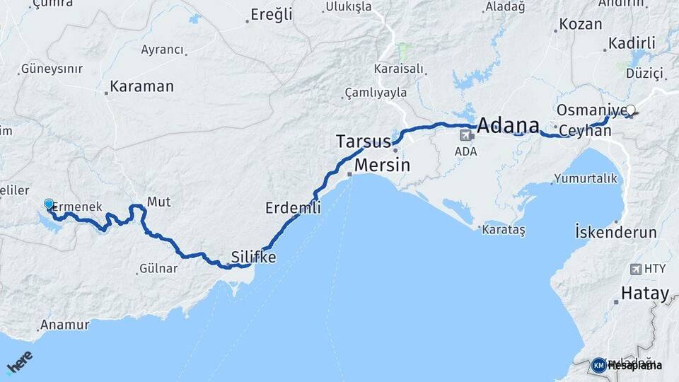 Karaman Ermenek Osmaniye Arası Kaç Km - Yol Haritası