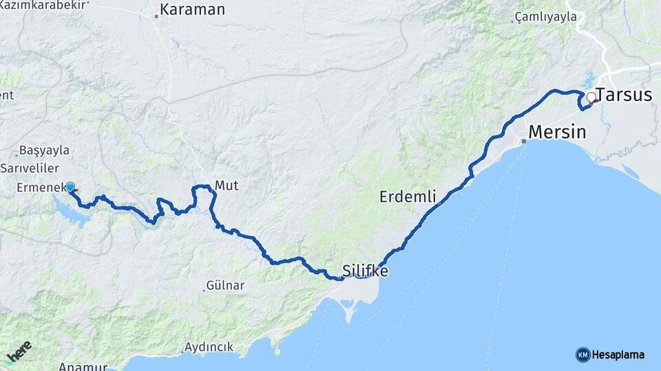 Karaman Ermenek Tarsus Mersin Arası Kaç Km - Yol Haritası