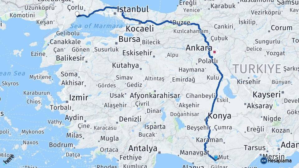 Karaman Ermenek Tekirdağ Arası Kaç Km - Yol Haritası