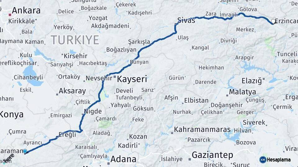 Karaman Erzincan Arası Kaç Km - Yol Haritası