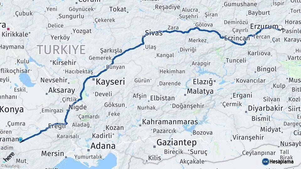 Karaman Erzurum Arası Kaç Km - Yol Haritası