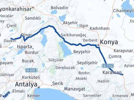 Karaman Evciler Afyonkarahisar Arası Kaç Km - Yol Haritası