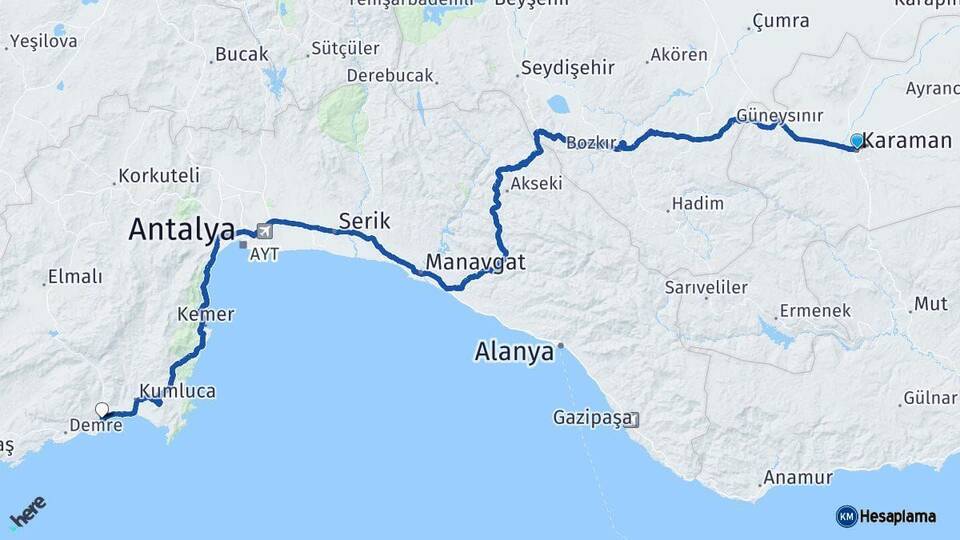 Karaman Finike Antalya Arası Kaç Km - Yol Haritası