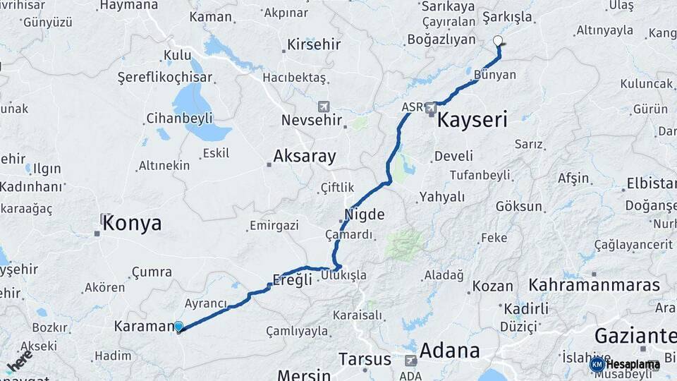Karaman Gemerek Sivas Arası Kaç Km - Yol Haritası