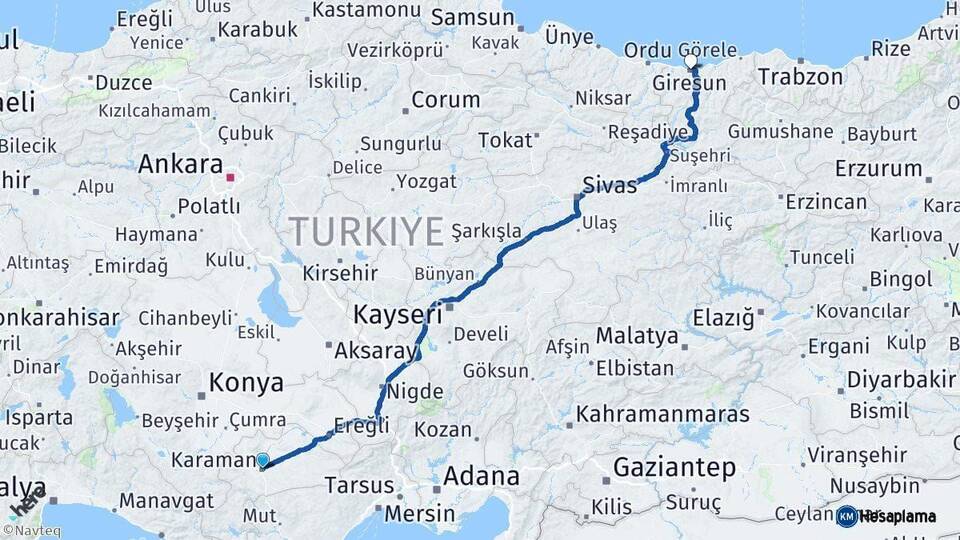 Karaman Giresun Arası Kaç Km - Yol Haritası