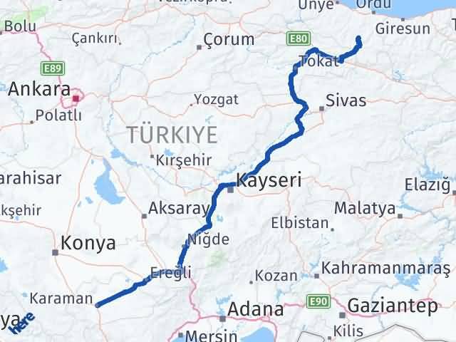 Karaman Gölköy Ordu Arası Kaç Km - Yol Haritası
