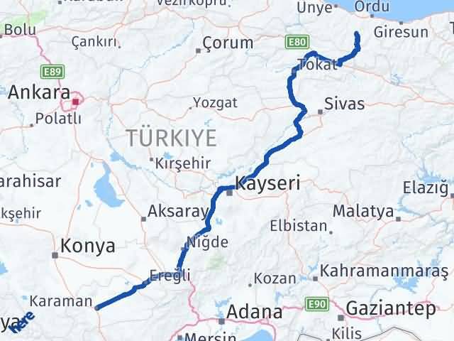 Karaman Gürgentepe Ordu Arası Kaç Km - Yol Haritası