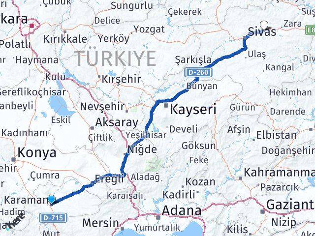 Karaman Hafik Sivas Arası Kaç Km - Yol Haritası