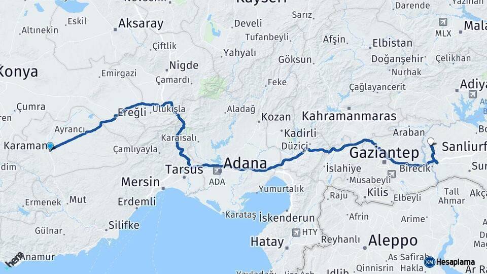 Karaman Halfeti Şanlıurfa Arası Kaç Km - Yol Haritası