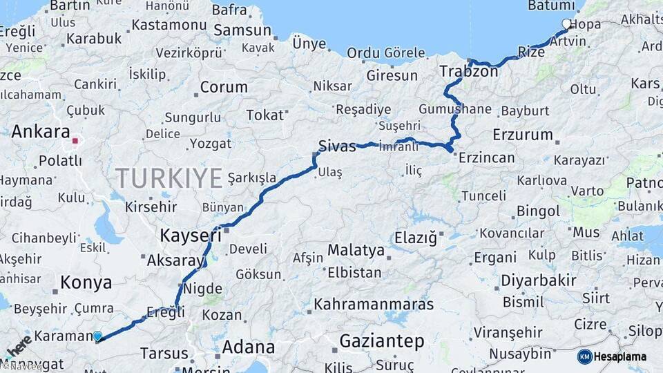 Karaman Hopa Artvin Arası Kaç Km - Yol Haritası