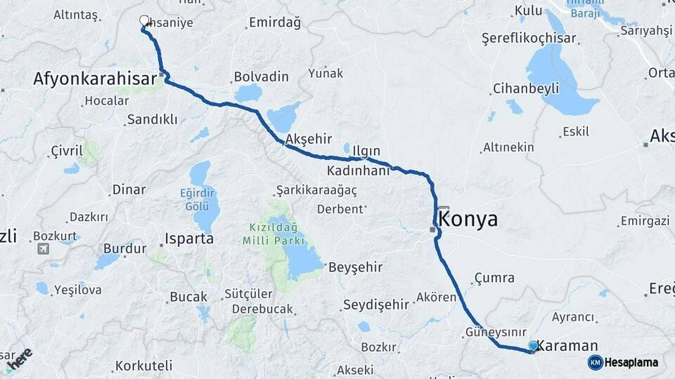 Karaman İhsaniye Afyonkarahisar Arası Kaç Km - Yol Haritası