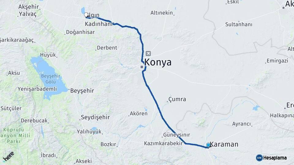 Karaman Ilgın Konya Arası Kaç Km - Yol Haritası