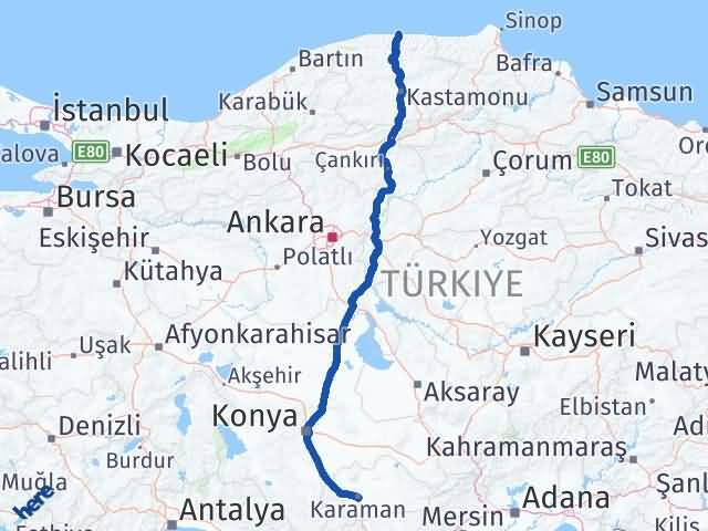 Karaman İnebolu Kastamonu Arası Kaç Km - Yol Haritası