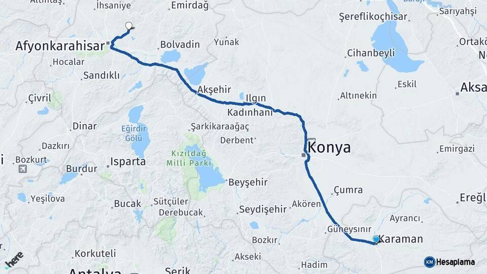 Karaman İscehisar Afyonkarahisar Arası Kaç Km - Yol Haritası