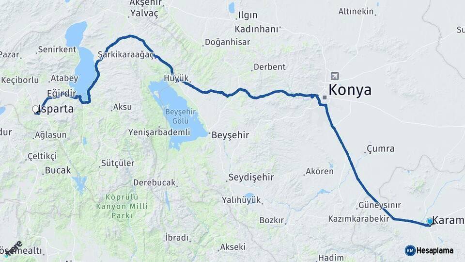 Karaman Isparta Arası Kaç Km - Yol Haritası