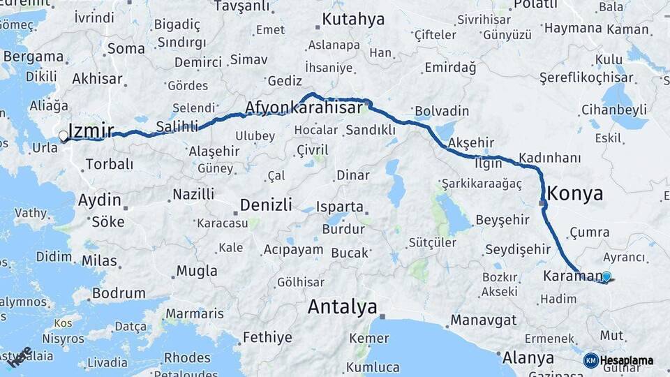 Karaman İzmir Arası Kaç Km - Yol Haritası