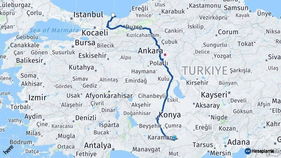 Karaman Karasu Sakarya Arası Kaç Km - Yol Haritası